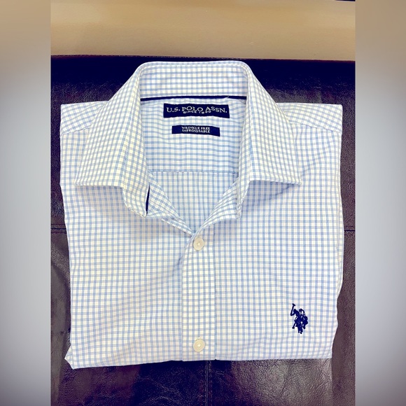 US Polo Assn Men’s Button Up Long Sleeve Dress Shirt - Blue and White Grid - Picture 2 of 7
